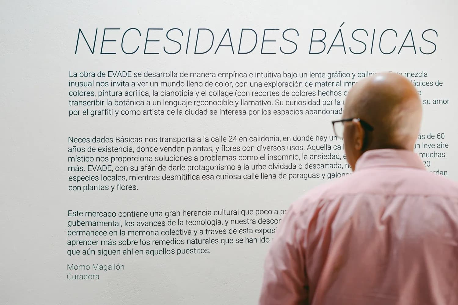 Hombre se detiene a leer un cartel en una exposición